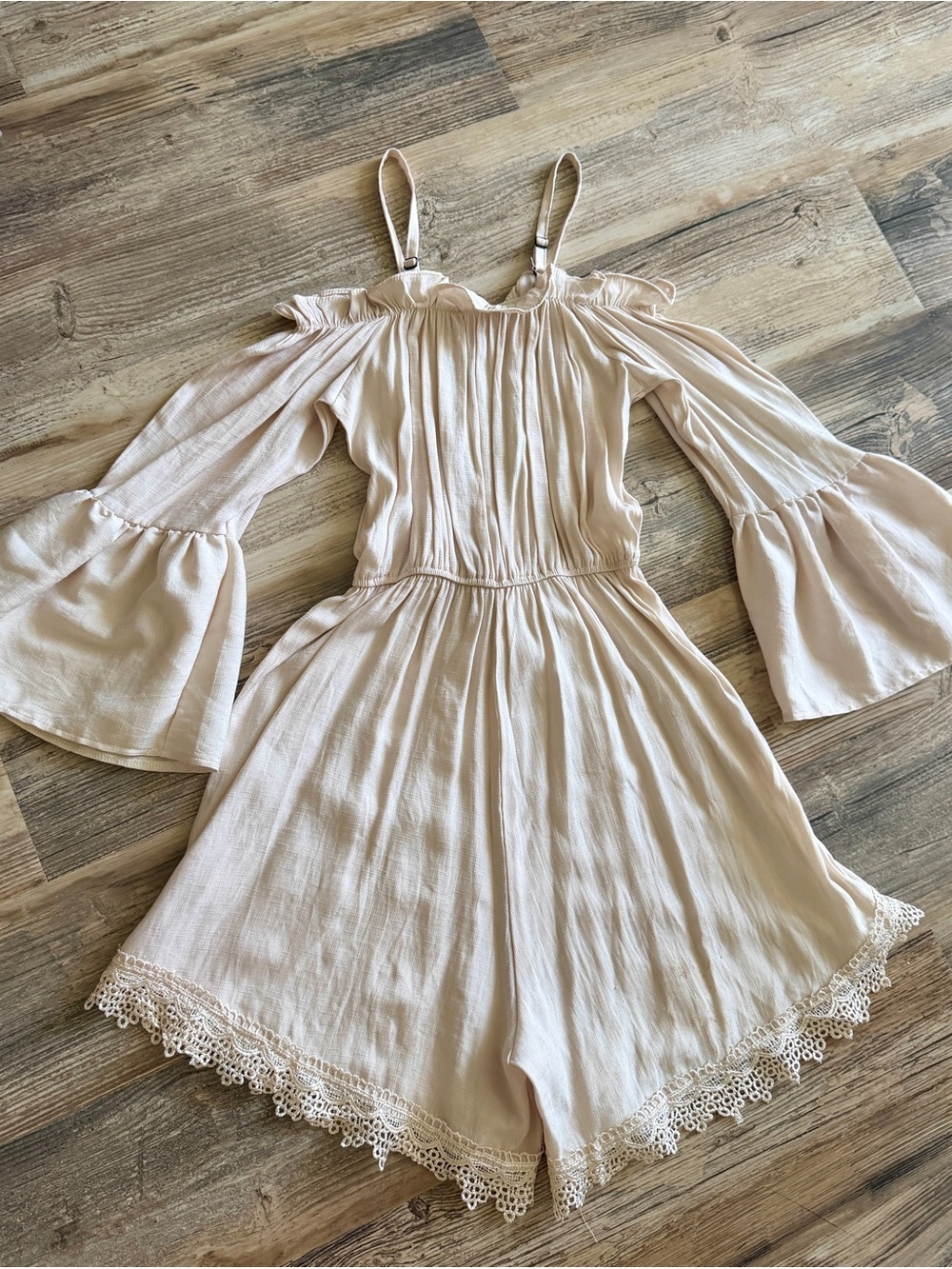 Light Blush Off-Shoulder Romper with Crochet Hem